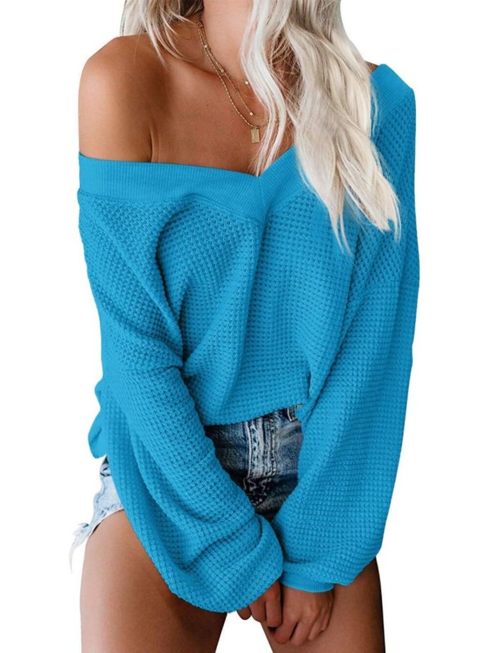Oversized Off-The-Shoulder Waffle Knit Top for Women - Cozy Casual Style